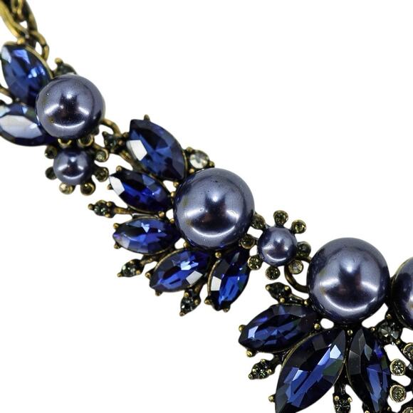 Banana Republic Wimsigoth Statement Necklace Brass Tone Navy Blue Rhinestones - Picture 5 of 9
